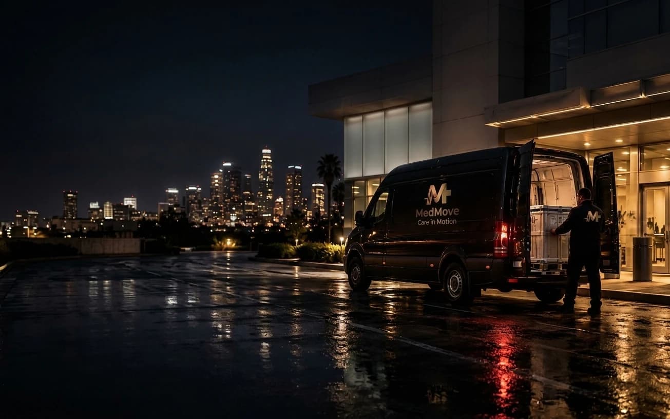 A MedMove transport van being loaded with pharmaceutical containers at a Los Angeles facility at night